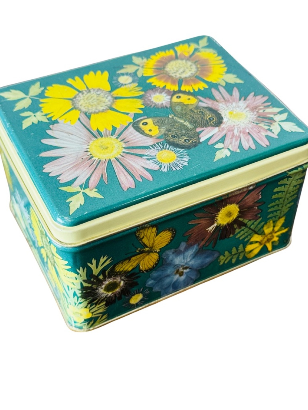 Vtg 1983 Floral Butterfly Tin Box in Teal and Yellow - 5”x4”x3”
